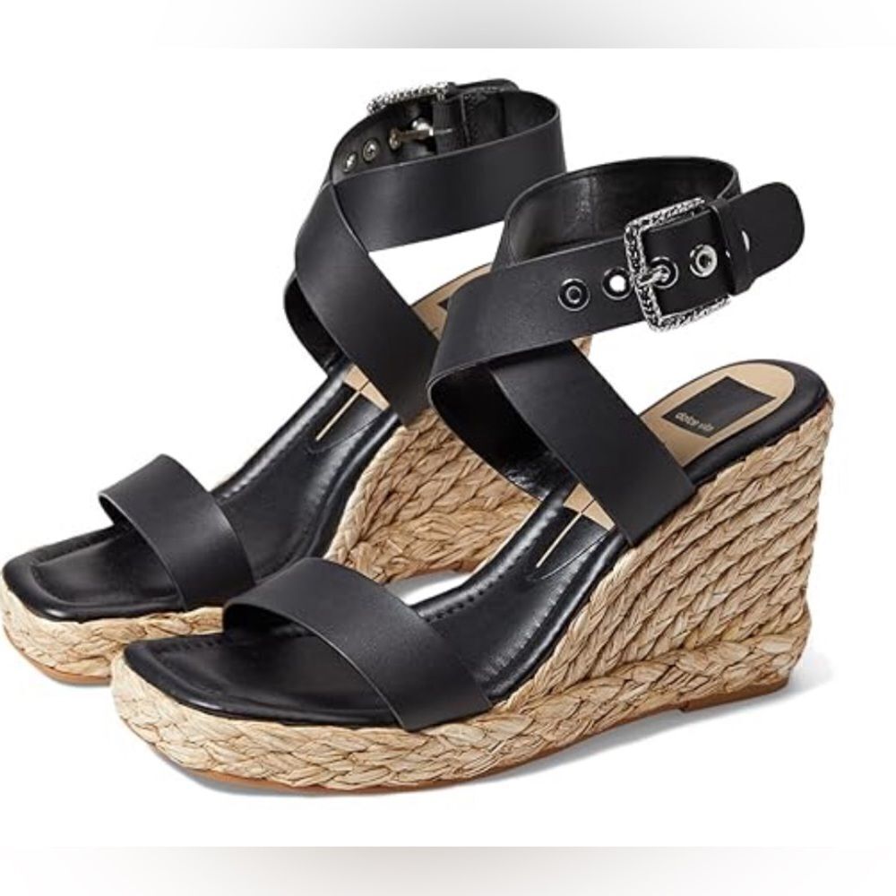 NIB Dolce Vita Women’s Aldona Black Leather Espadrille Wedge Buckle Strap - 7.5 - Picture 6 of 10